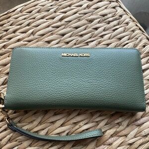 Michael Kors Green Pebbled Leather Wallet with Wrist Strap